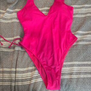Vibrant Pink high cut plunge TA3 cinch waist back one piece